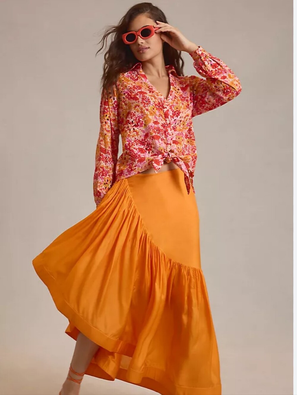 Anthropologie Maeve ✨️ Women's Pink Red Orange Floral Button-Down Tie-Hem Shirt